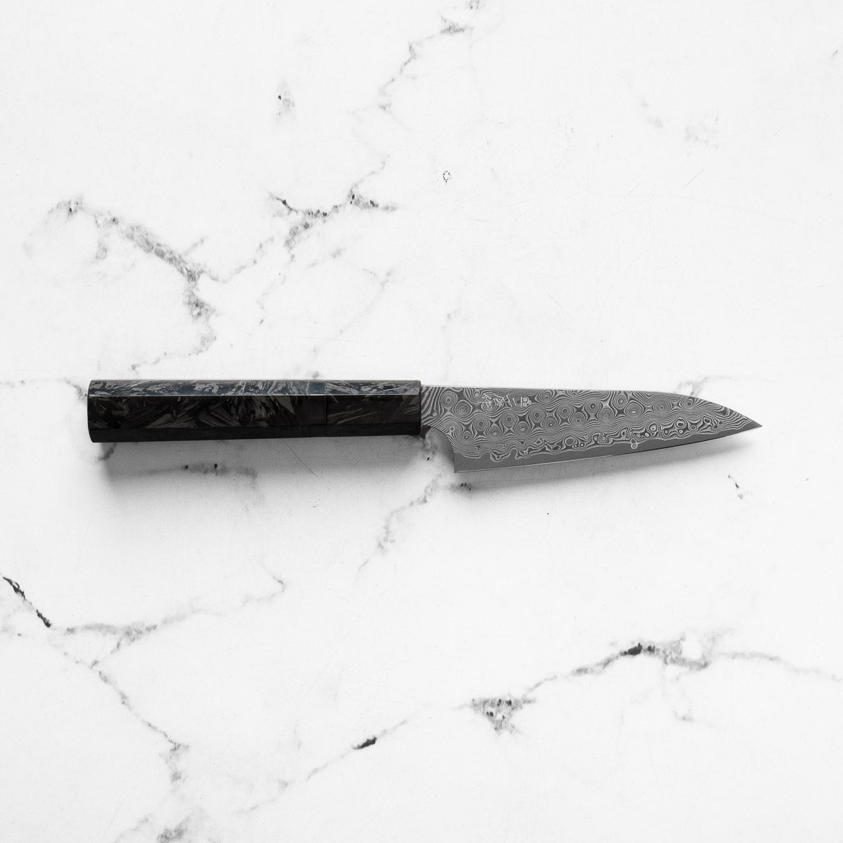 Nigara Hamono "Anmon" SG2 Raindrop Damascus Petty 120mm - Dark Carbon Fibre