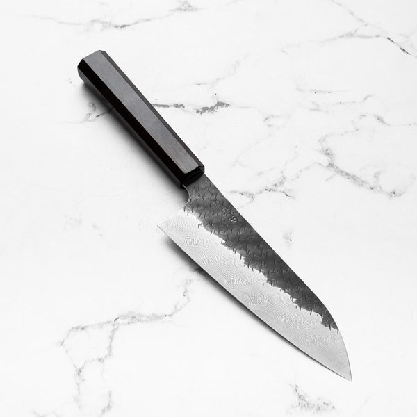 Nigara Hamono SGSTRIX Kurouchi Tsuchime Damascus Santoku 180mm - Mono Ebony