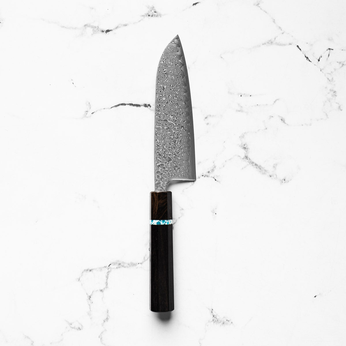 Tsunehisa SRS13 Damascus Santoku - Ebony Blue Ring