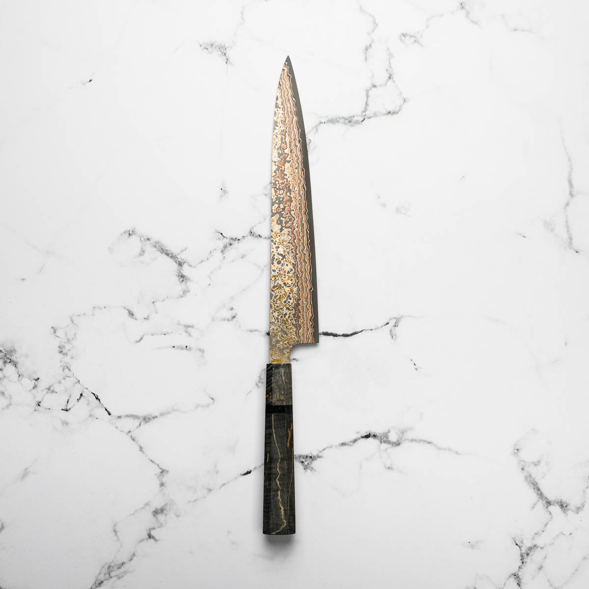 Takeshi Saji VG10-W Nashiji Rainbow Damascus Sujihiki 240mm - Dark Maple