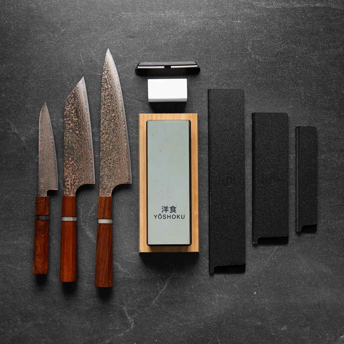 Seido "Niji" VG10W Rainbow Damascus - Sandalwood 3 Knife Set with Whetstone