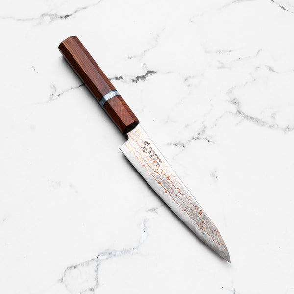 Hatsukokoro Kujaku V-Toku 2 Rainbow Damascus Petty 150mm - Sandalwood