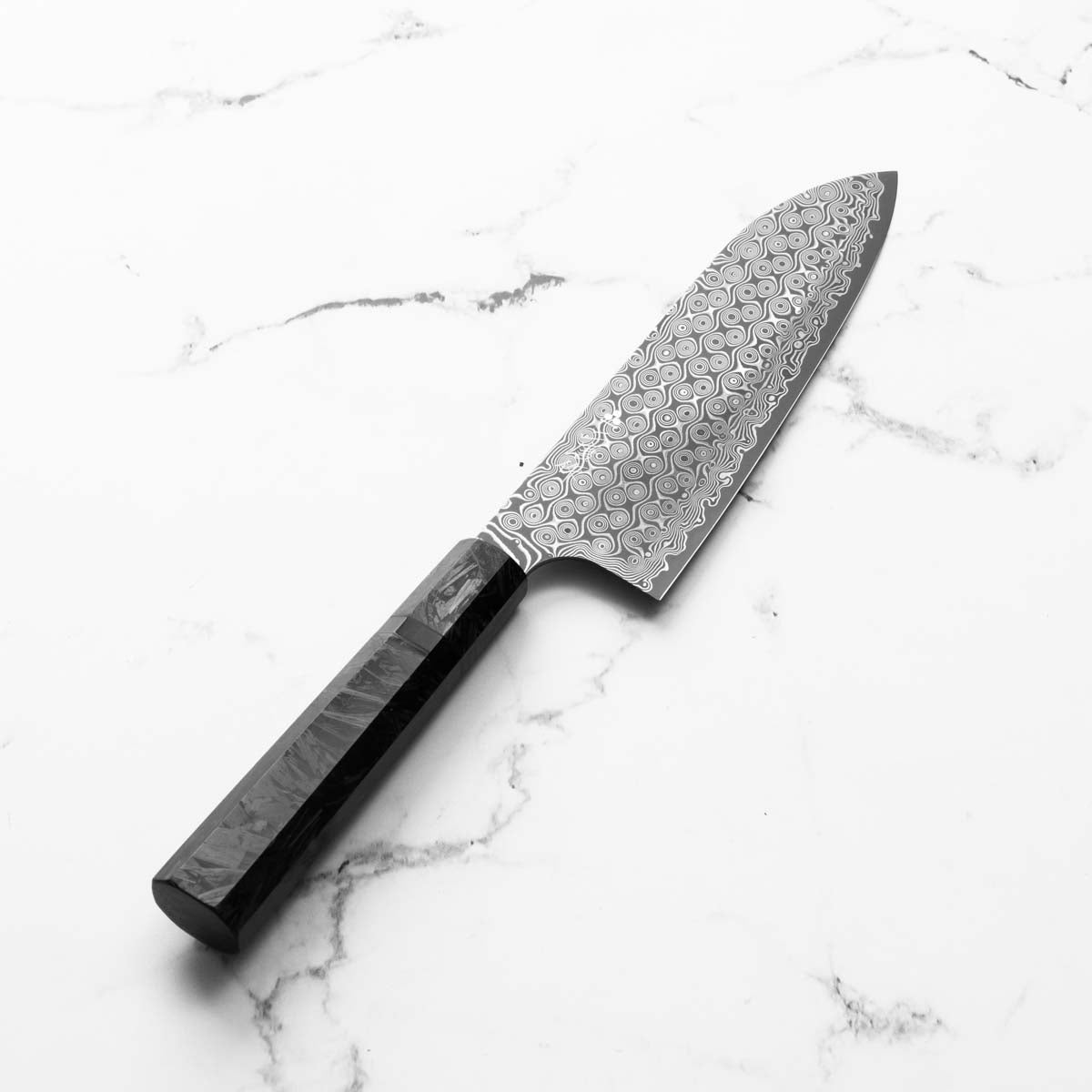 Nigara Hamono "Anmon" SG2 Damascus Santoku 180mm - Dark Carbon Fibre