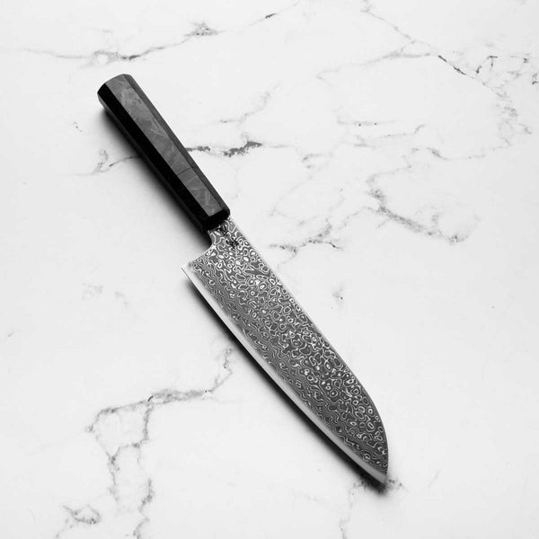 Seido VG10 Kurozome Nickel Damascus Santoku 180mm - Dark Carbon Fibre