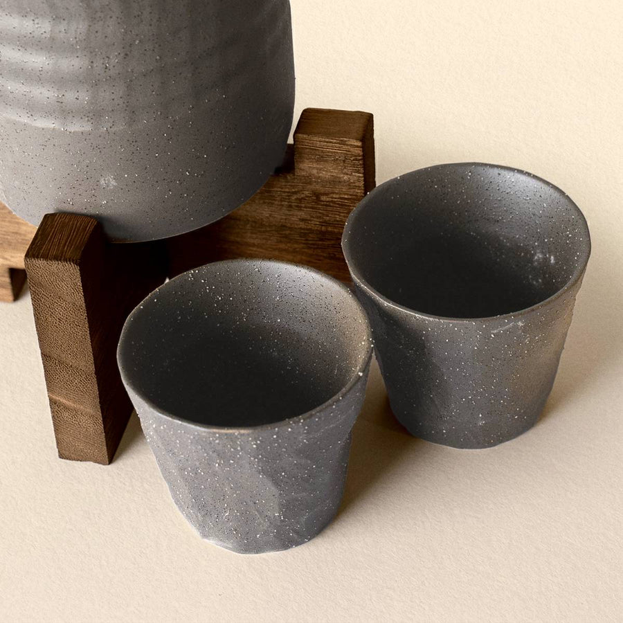 Sake Server Set | Udei Black Clay with Wooden Stand