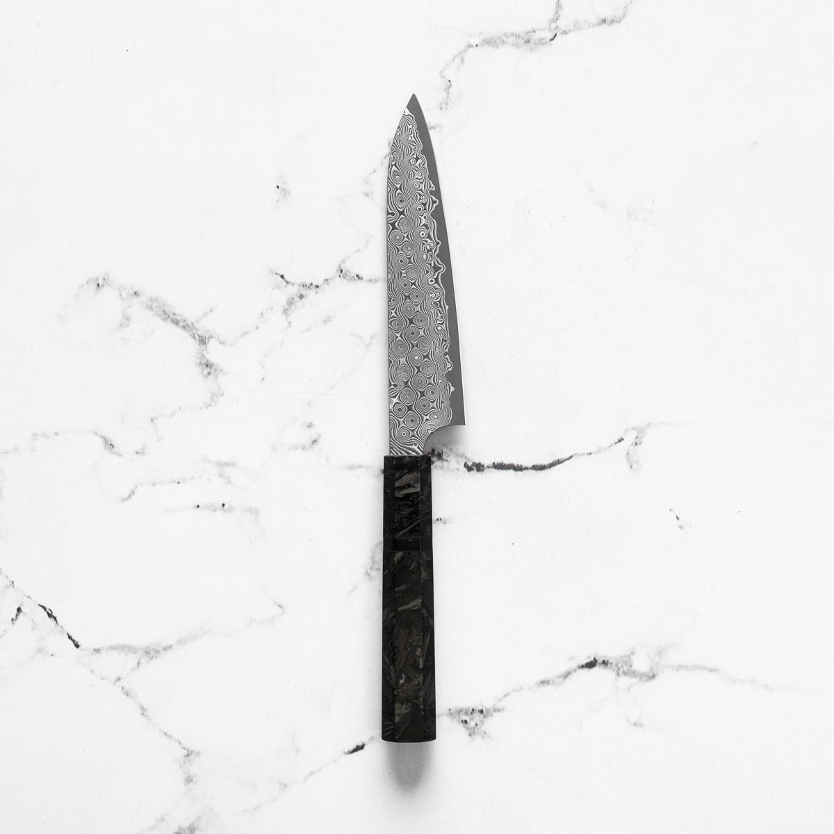 Nigara Hamono "Anmon" SG2 Raindrop Damascus Petty 150mm - Dark Carbon Fibre