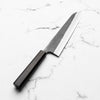 Yoshikane (Hatsukokoro) White 2 Kurouchi Nashiji SS Clad Kiritsuke 210mm - Ebony - angled view