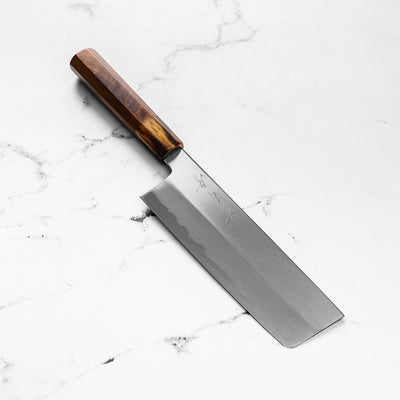 Nakagawa x Sakai Kikumori White 1 SS Clad Nakiri 180mm - Siamese Rosewood & Blonde