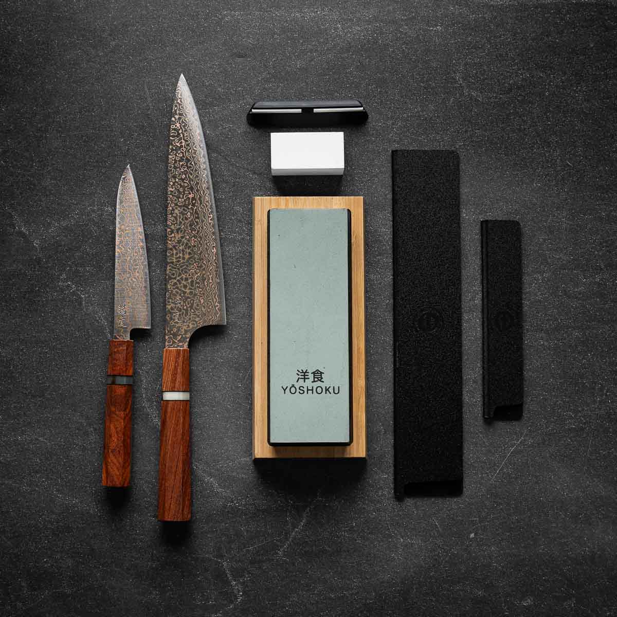 Seido "Niji" VG10W Rainbow Damascus - Sandalwood 2 Knife Set with Whetstone