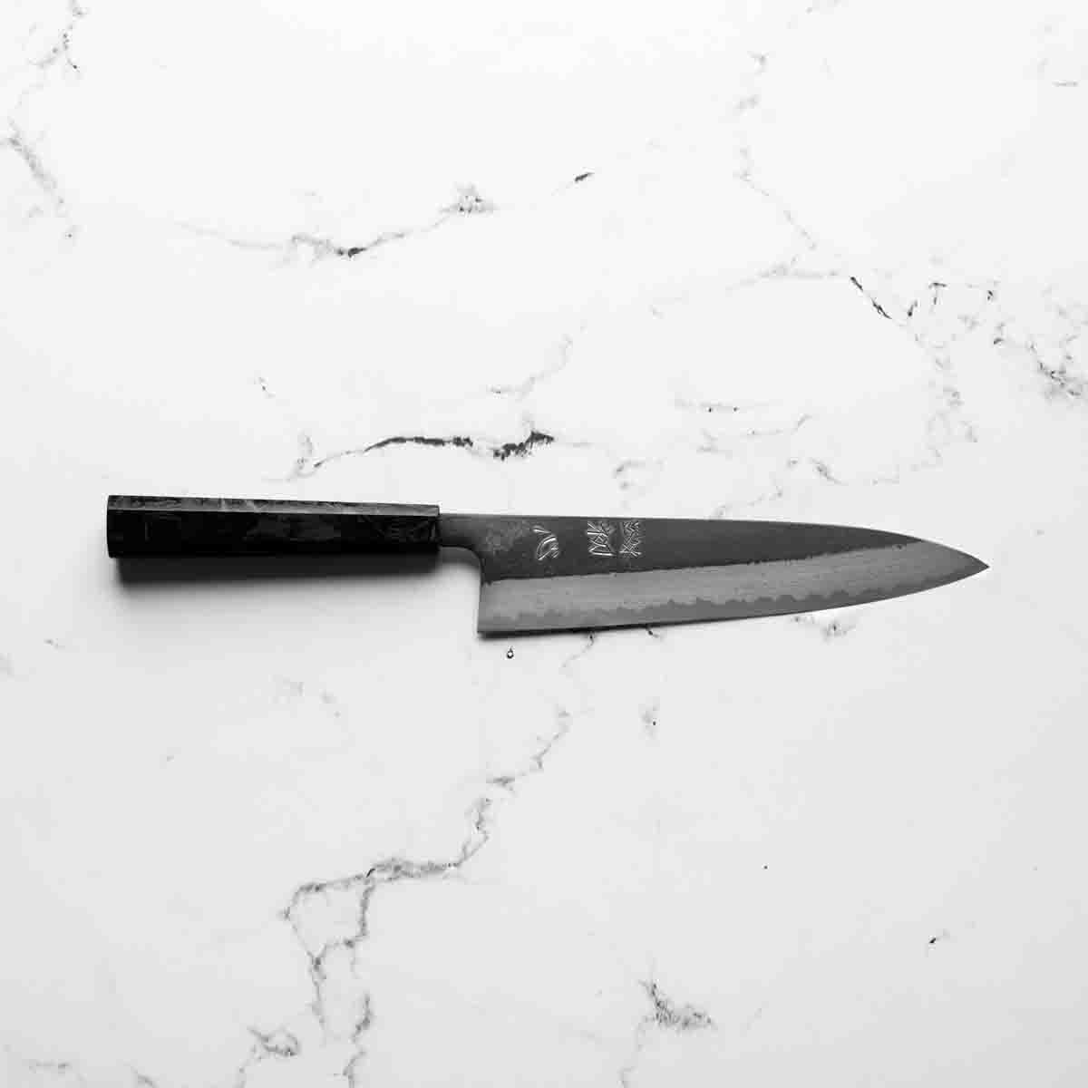 Hatsukokoro Shinkiro Blue Super Damascus Kurouchi Gyuto 210mm - Dark Carbon Fibre